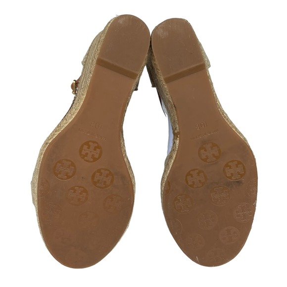 Tory Burch Macy Metallic Linen Peep Toe Knotted Band Espadrille Wedge Heel sz 10 - Picture 6 of 14